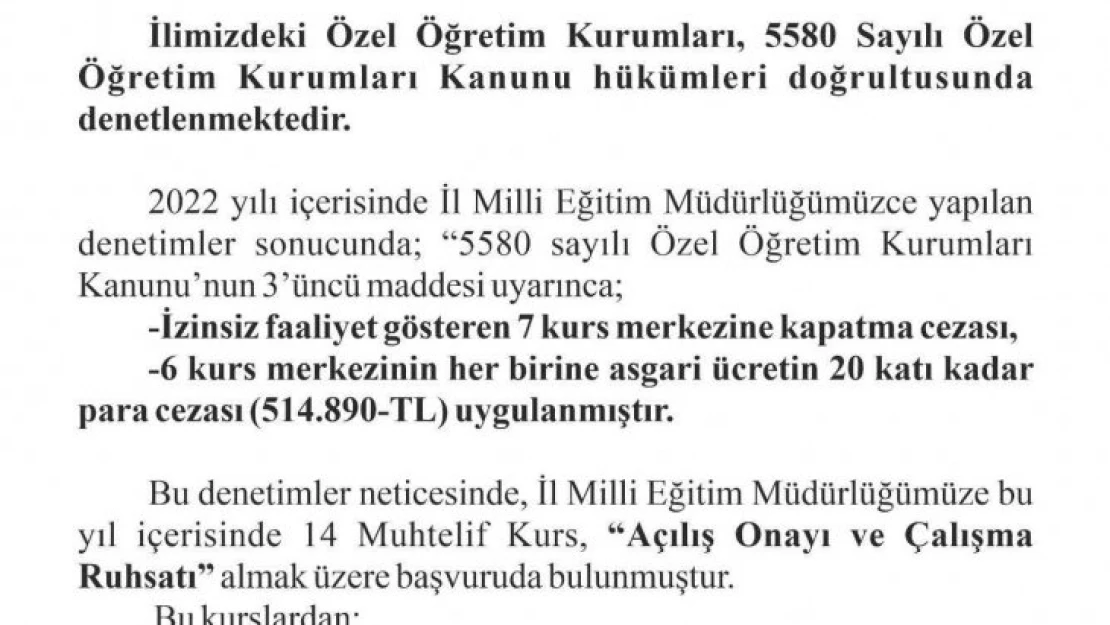 Elazığ'da 7 kurs merkezine kapatma cezası verildi