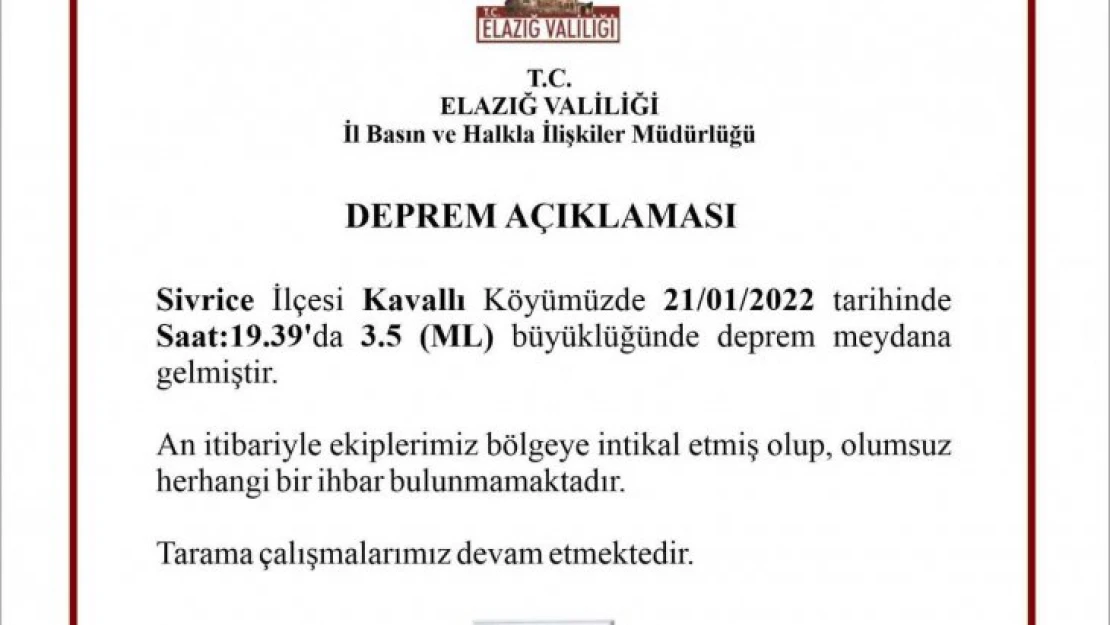 Elazığ Valiliğinden deprem açıklaması