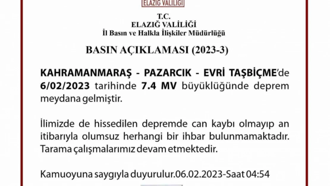 Elazığ Valisi Ömer Toraman: 'Şu ana kadar ilimizde herhangi bir yıkım ihbarı almadık'