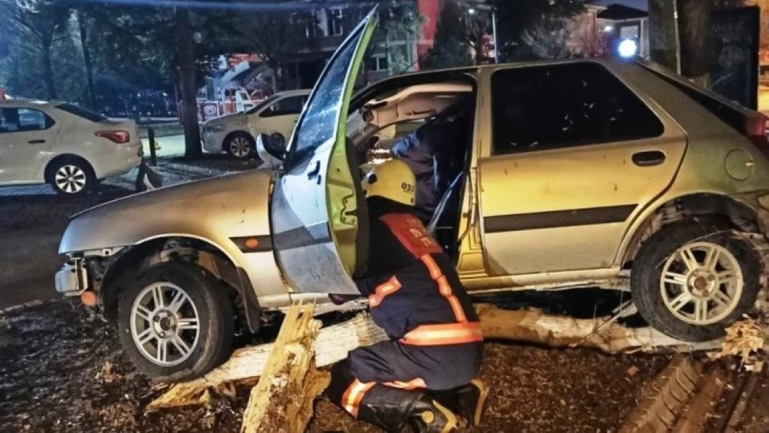 Kontrolden çıkan araç ağaca çarparak durabildi