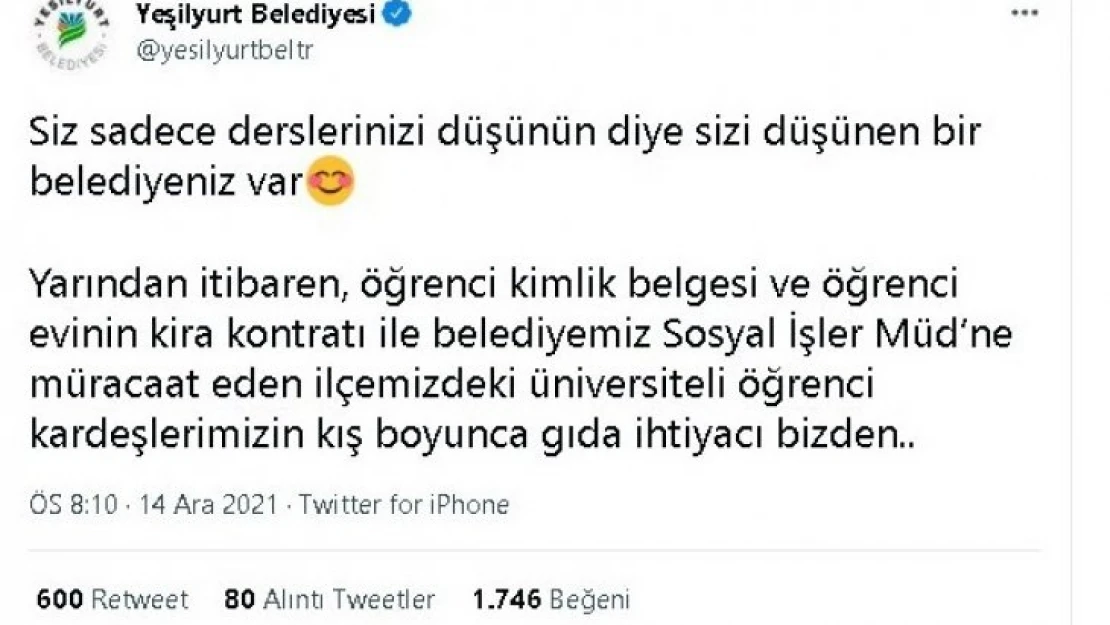 Yeşilyurt Belediyesinden üniversite öğrencilerine büyük jest