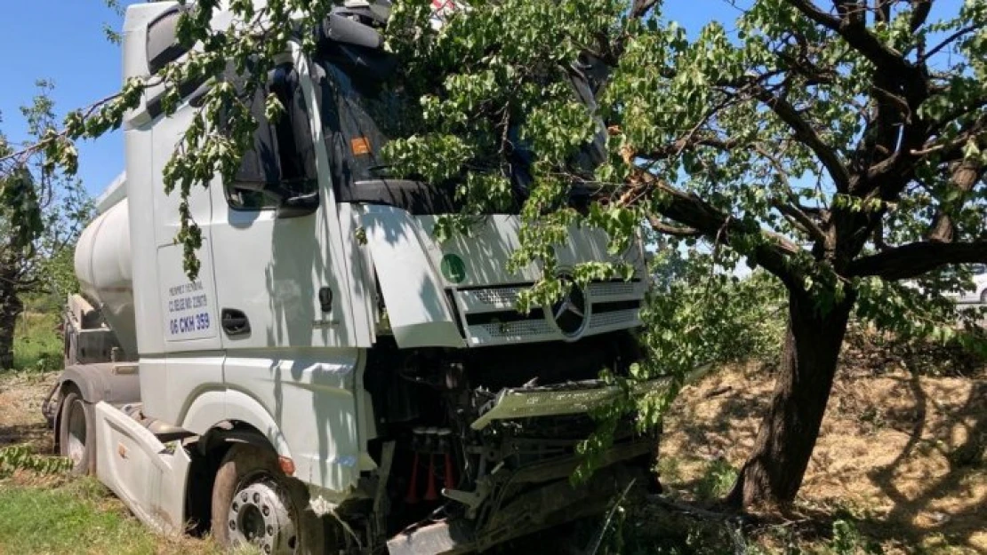 Yoldan çıkan tanker kayısı bahçesine girdi