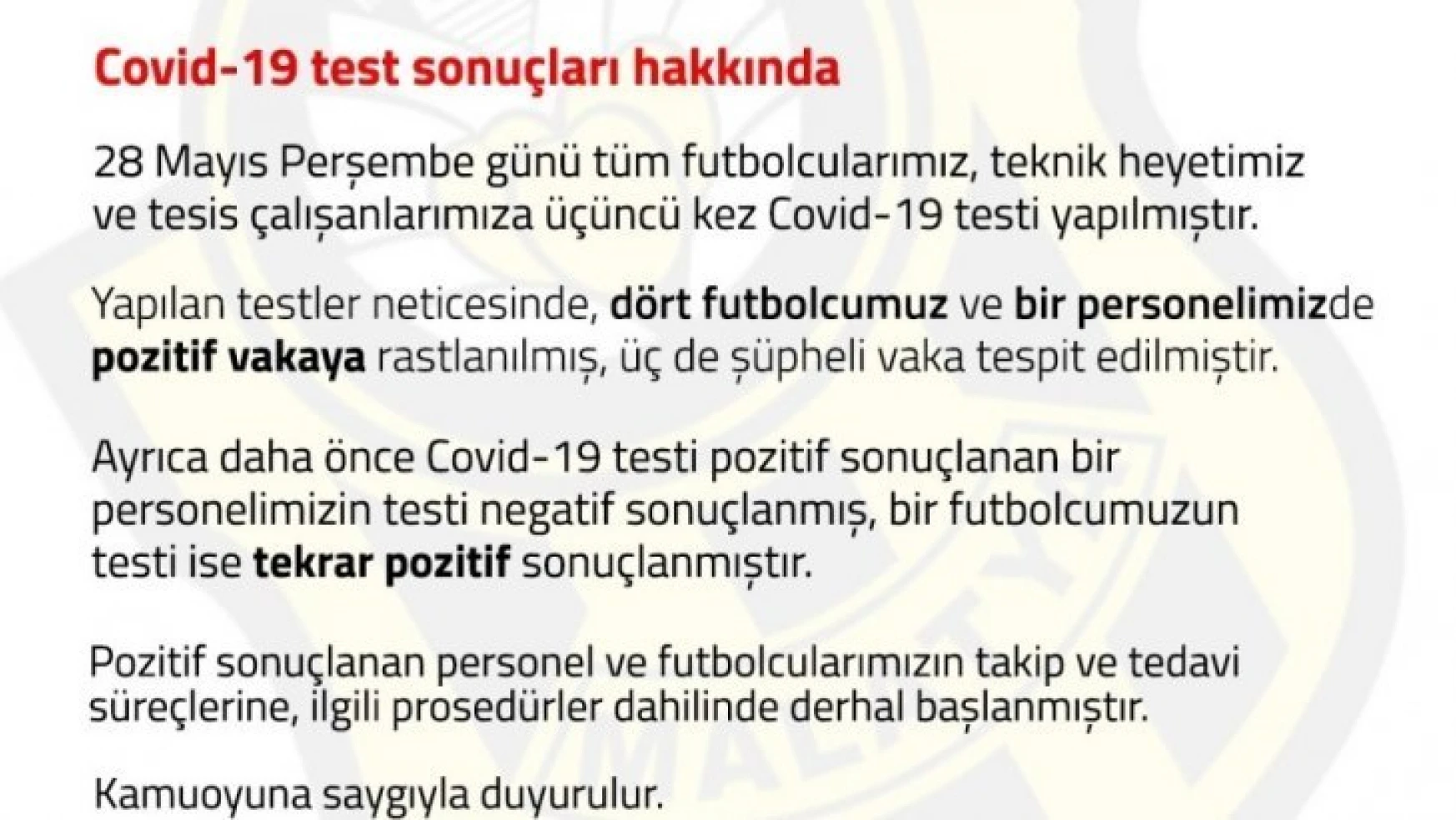 Yeni Malatyaspor'da 4 futbolcu ve 1 personel de korona virüs çıktı