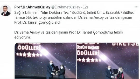 'Yılın Doktora Tezi' Ödülü alan araştırmacılara Rektör Kızılay'dan tebrik