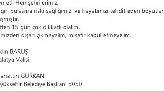Malatya'da Covid-19'da 15 gün uyarısı