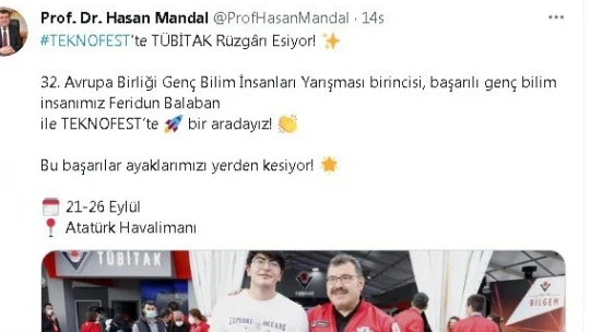 TÜBİTAK Başkanı Mandal'dan 'Balaban' paylaşımı
