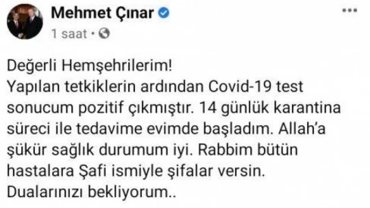 Yeşilyurt Belediye Başkanı Mehmet Çınar'ın korona virüs testi pozitif çıktı