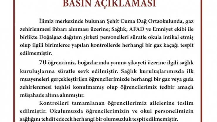 Valilikten açıklama: 'Öğrencilerimize herhangi bir gaz veya gıda zehirlenme teşhisi konulmamıştır'